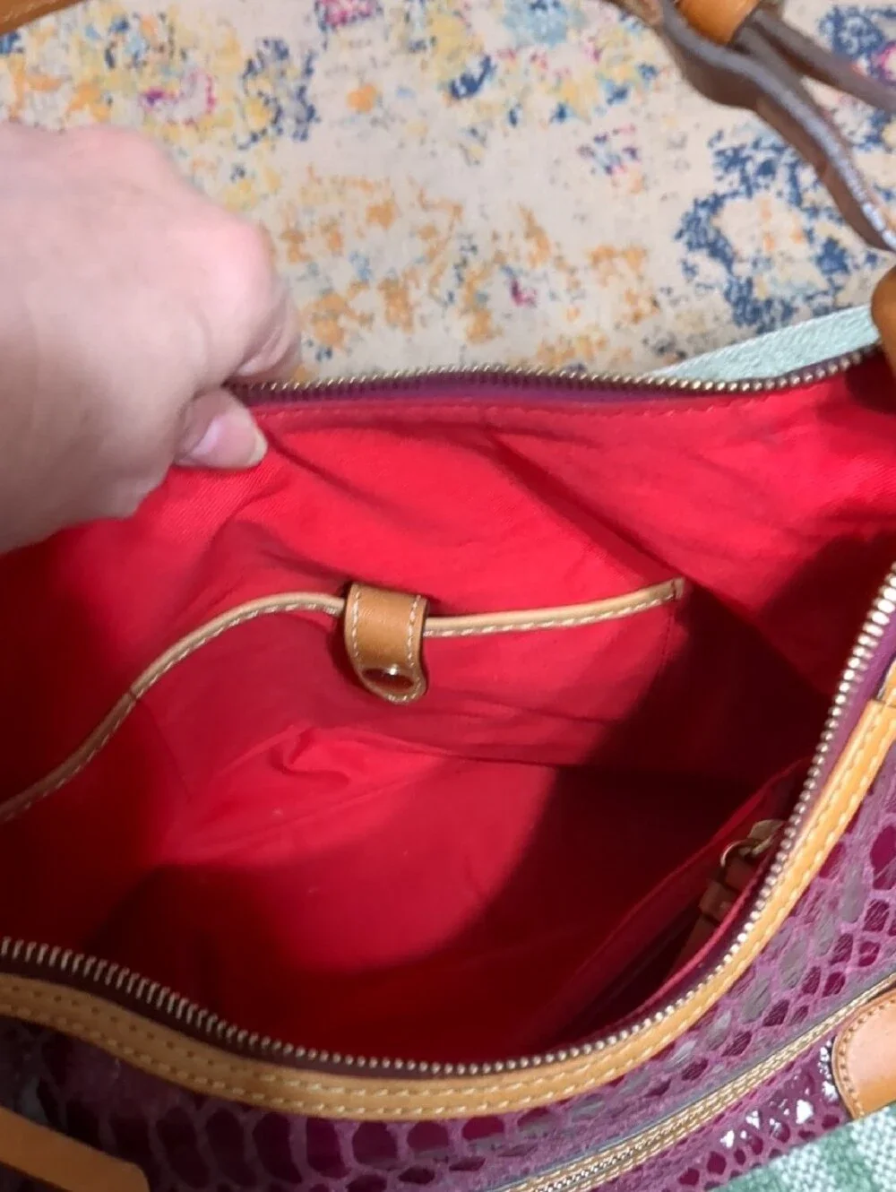 Dooney & Bourke Erica Snake-Embossed Hobo in Magenta with Tan Trim
